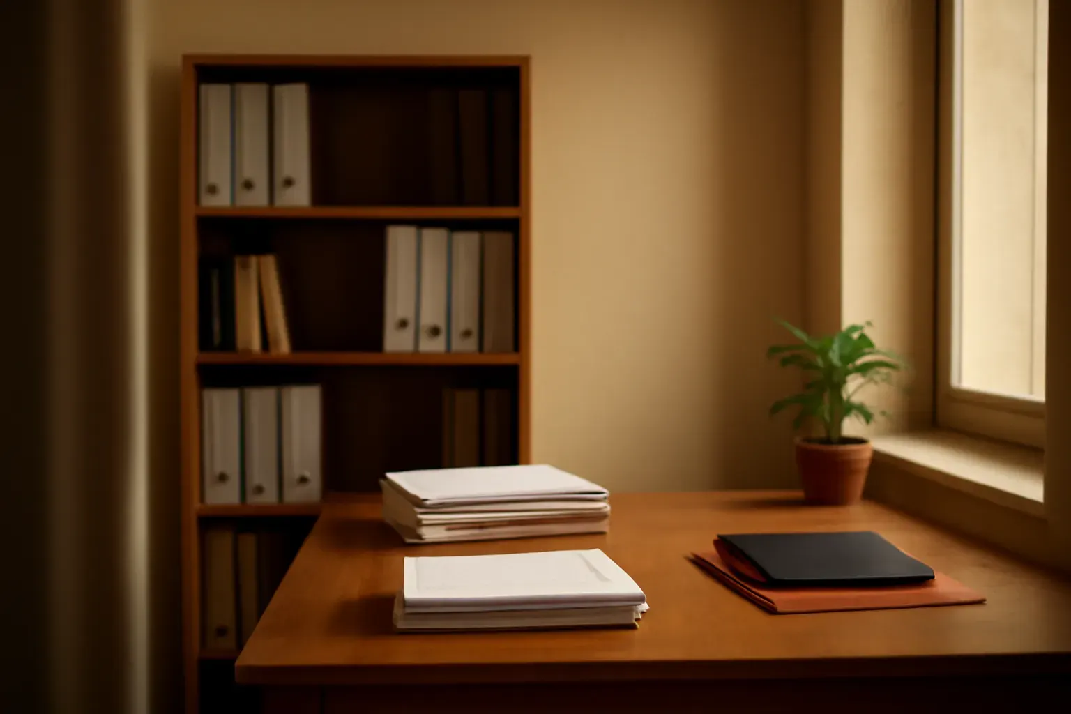 The studio's working space — desk, shelves, daylight