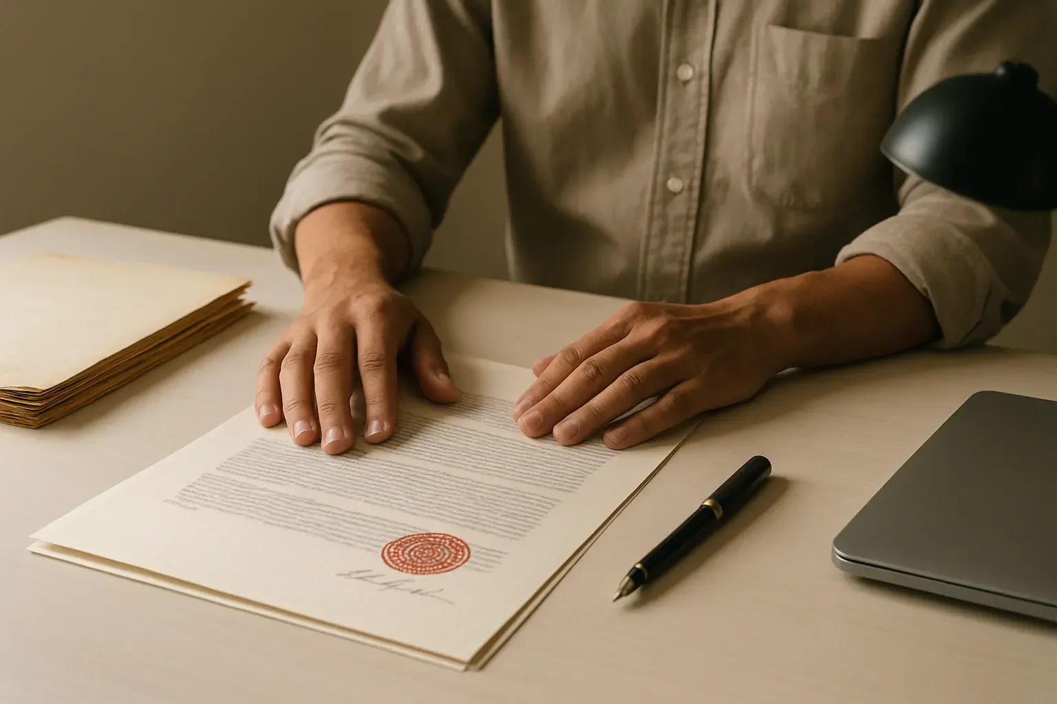 Stamped and signed documents on a desk in natural light