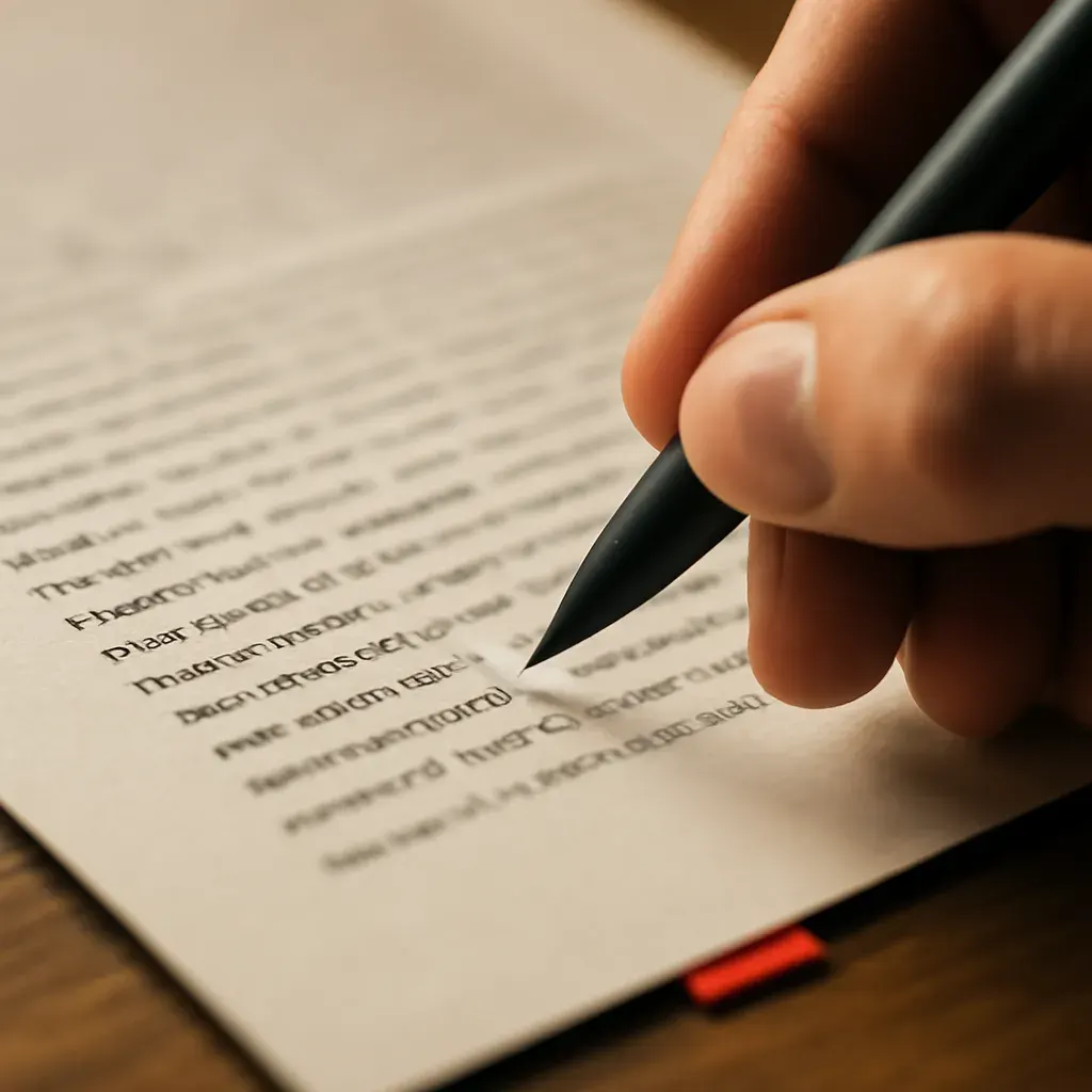 Close detail of a pen making marginal corrections on paper